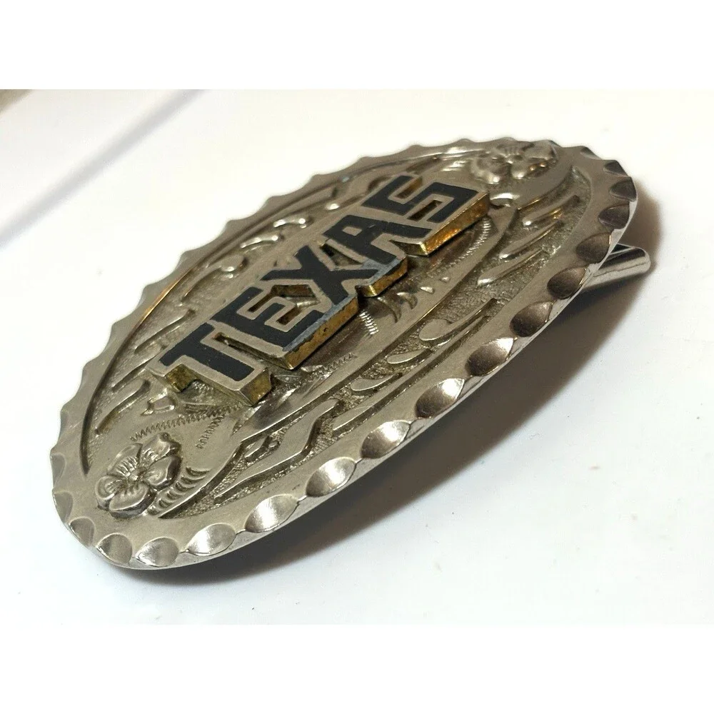 Vintage Texas Western Silver Tone Belt Buckle Raised Lettering Floral Engraved